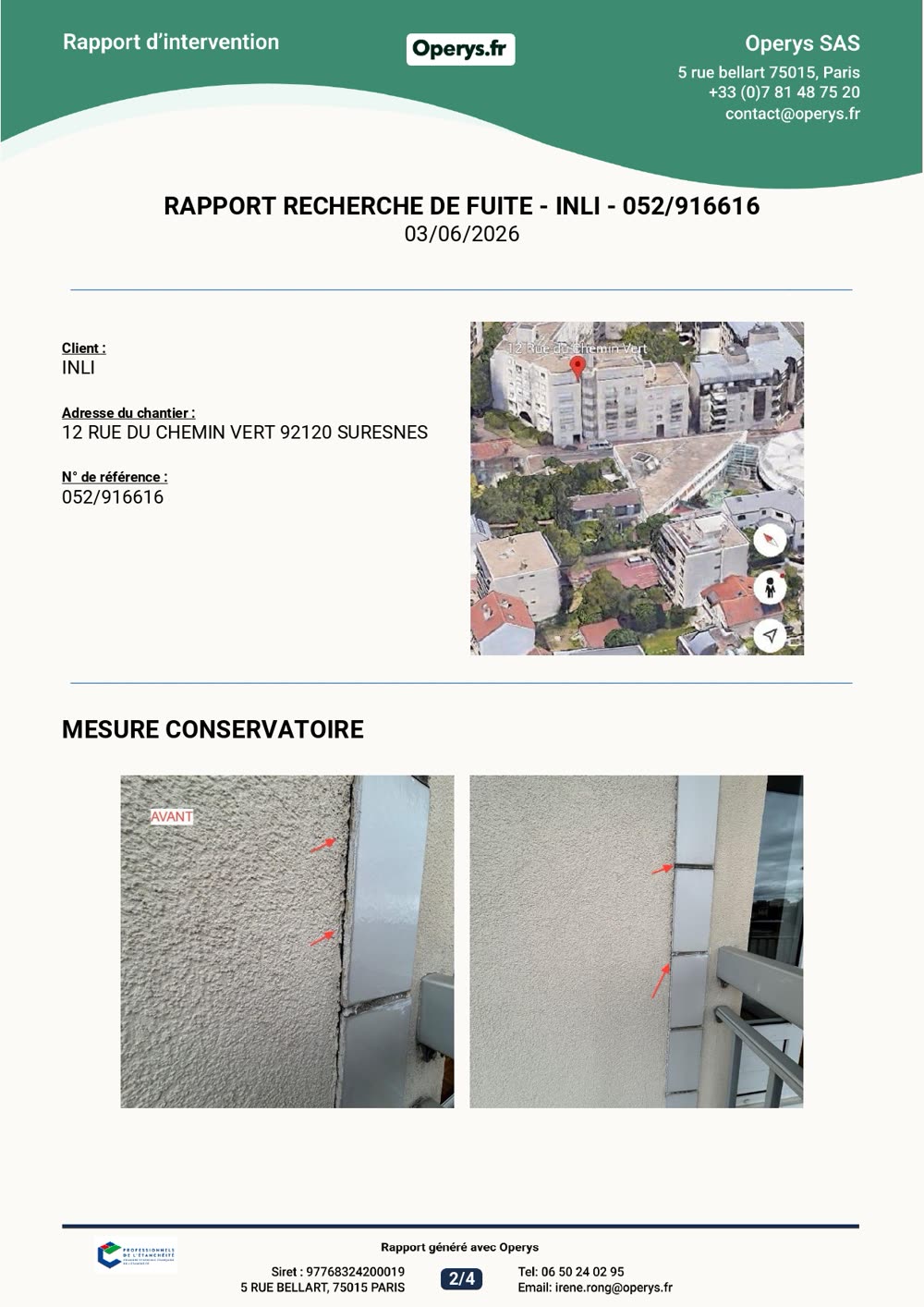 Aperçu d'une page de rapport d'intervention Operys : adresse du chantier, photo aérienne du site, et photos avant/après d'une mesure conservatoire.