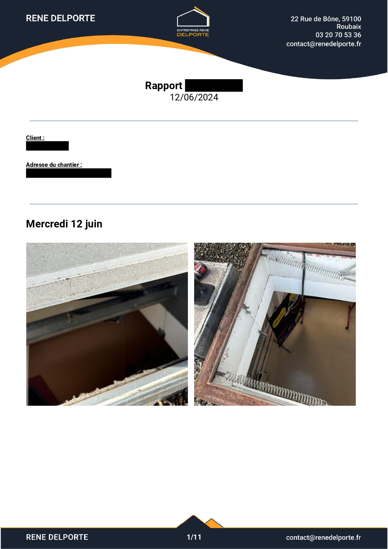 Rapport de chantier René Delporte — page 1 (en-tête, client, adresse du chantier, mercredi 12 juin)